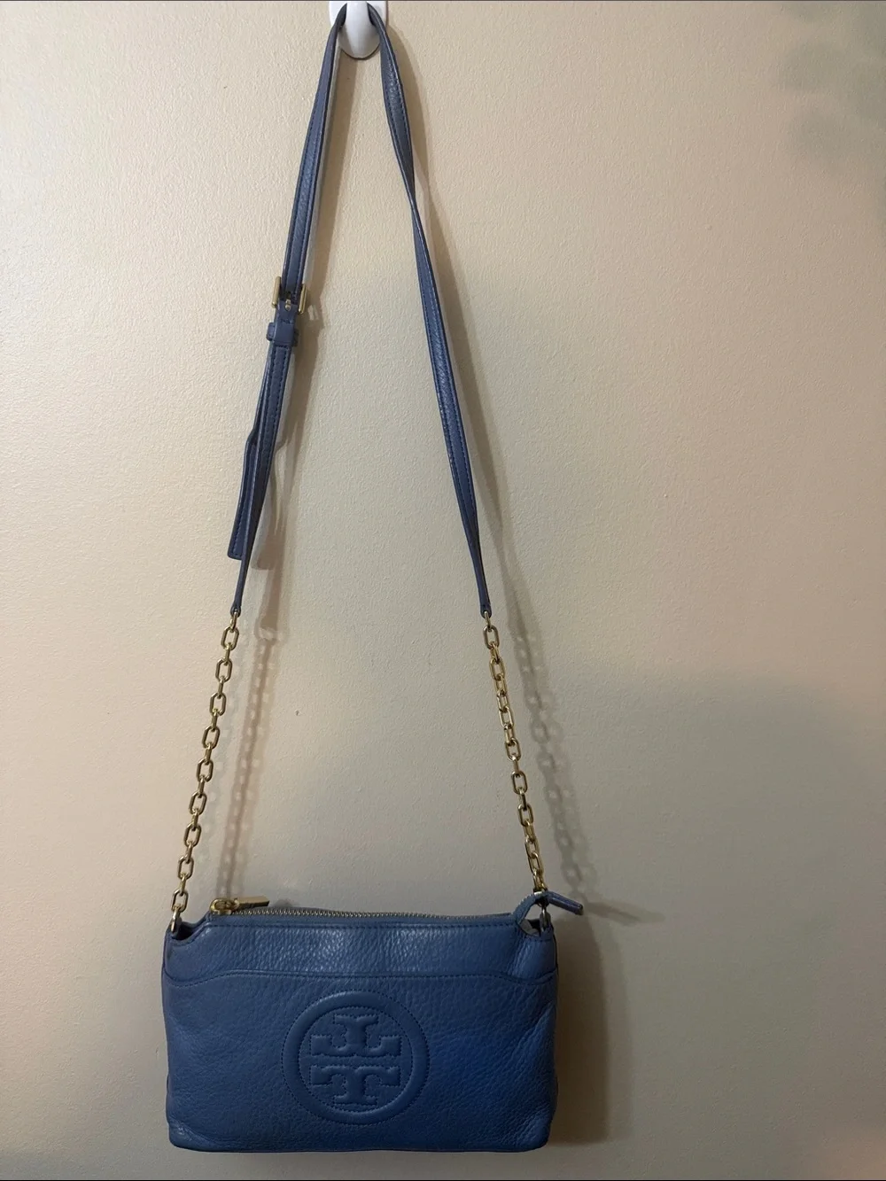 Tory Burch Cornflower Blue Leather Crossbody with Chain Strap